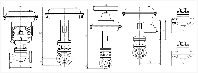 氣動籠式單座調節閥_外形尺寸圖